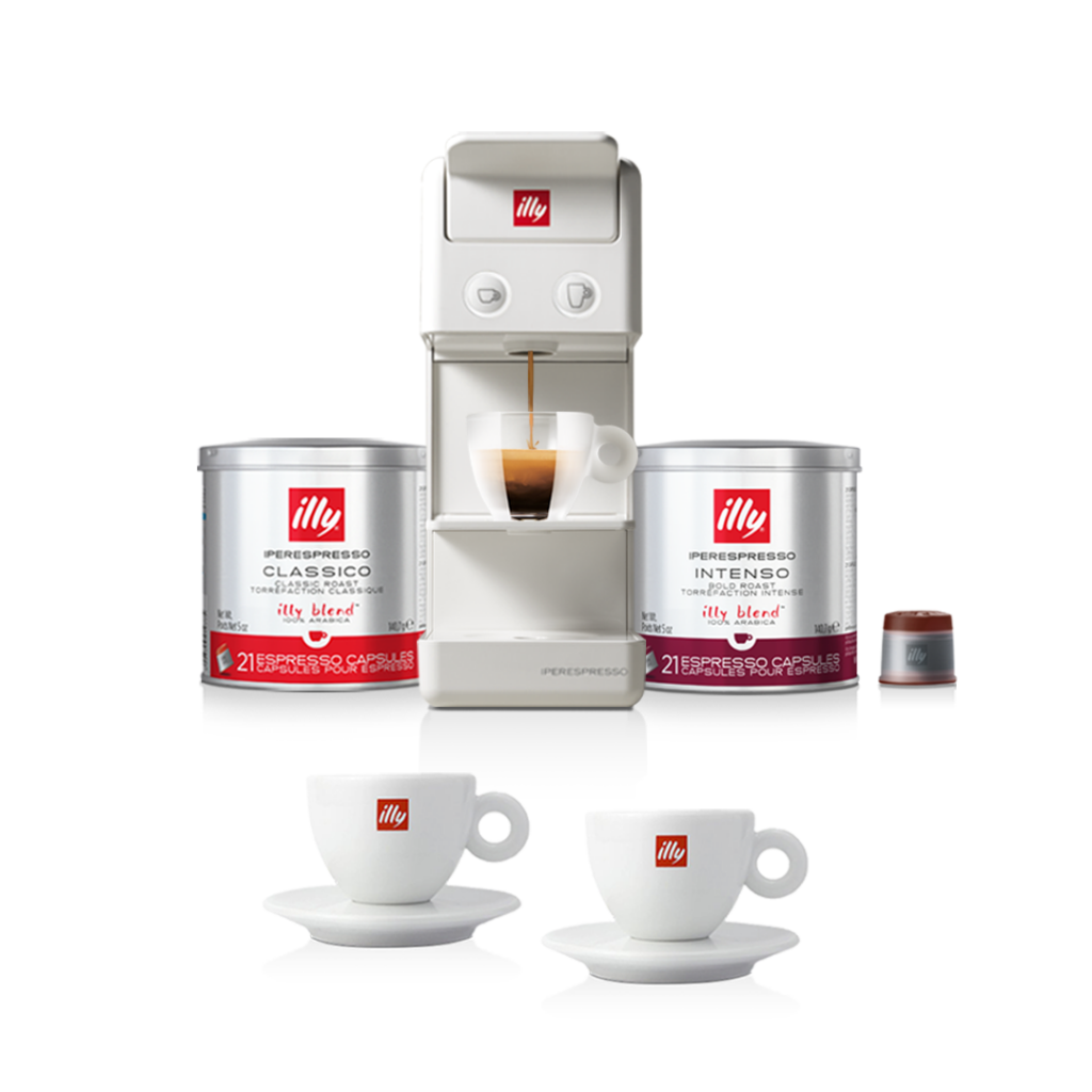 STARTER PACK Y3.3 iperEspresso Machine White + 2 Capsule Cans + 2 Cappuccino Cups OLD illy